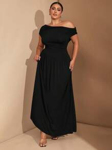 SHEIN Tall CURVE Váy Maxi chữ A thanh lịch, vải co giãn siêu đa năng cỡ lớn cho nữ, màu đen hoặc mặc hàng ngày, dự tiệc, trễ vai, dành cho phụ nữ to lớn - màu đen - Xem 7
