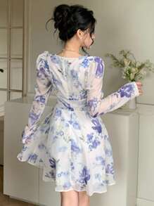 DAZY Robe courte d'été à manches longues col V avec motif floral tout-sur-tout, style vacances pour femmes