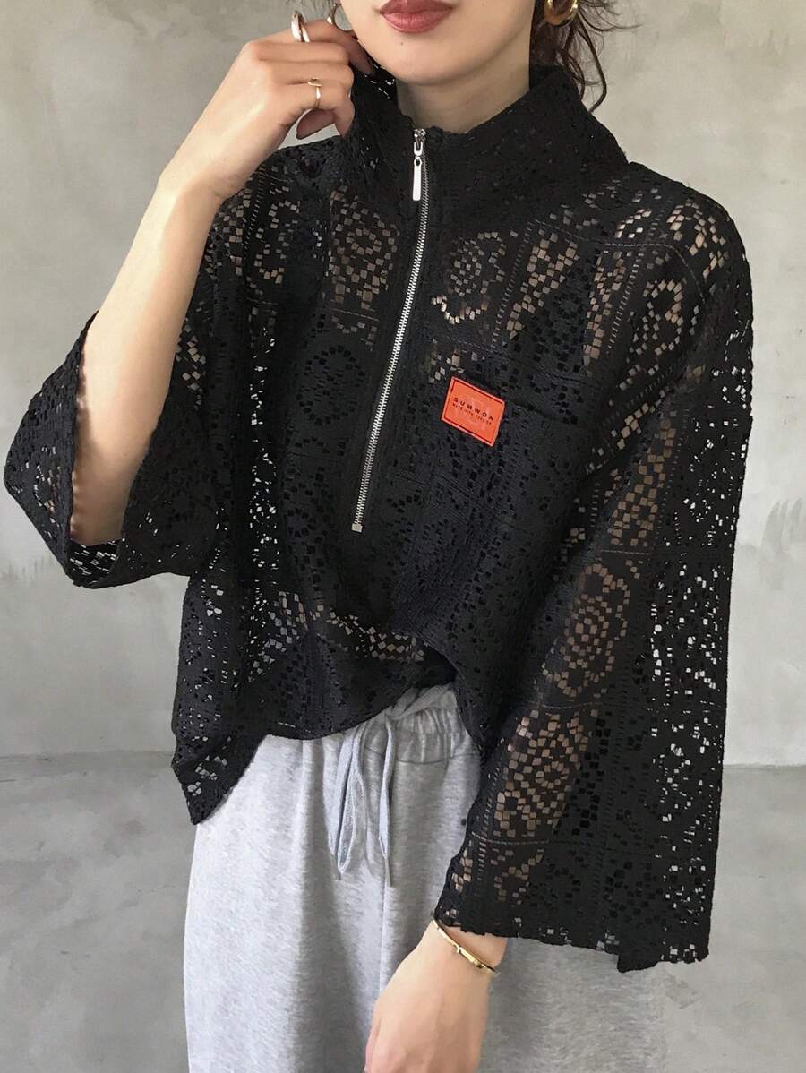 FRIFUL Áo ren nửa miếng in chữ rộng rãi cho nữ - màu đen - Xem 1