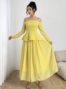 Modelyn 女式法式露肩刺绣束腰上衣 2 件套 - 黃色 - 查看 3