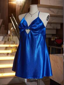 SilkySpell 大码女式藏蓝色仿丝性感露背睡裙娃娃衫女士睡衣 Luxeloungewear - 寶藍色 - 查看 8