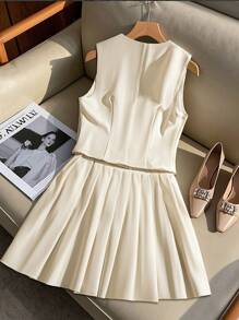 SHEIN PETITE Summer New Elegant Casual Fashion Bowknot Sleeveless Shirt With Pleated Short Skirt Women 2 Pieces Set - Apricot - View 2
