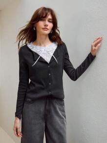 MOTF PREMIUM CONTRAST LACE BOW FRONT 2 IN 1 LONG SLEEVE TEE - Dark Grey - View 6