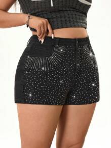 Rina Fox Quần short denim bó sát đính đá thời trang thiết kế túi cỡ lớn cho nữ - màu đen - Xem 6