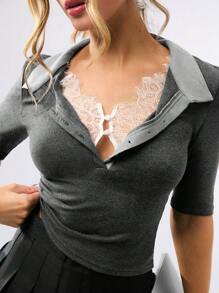 Avenya 女式蕾丝装饰修身短袖T恤 - 深灰色 - 查看 5
