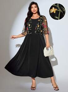 Modelyn 2 件套大码女式花卉刺绣网眼七分袖夹克和连衣裙，优雅 - 黑色 - 查看 3