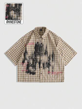Street Life Chemise casual à manches courtes pour homme avec graphique de château à carreaux, coupe boîte