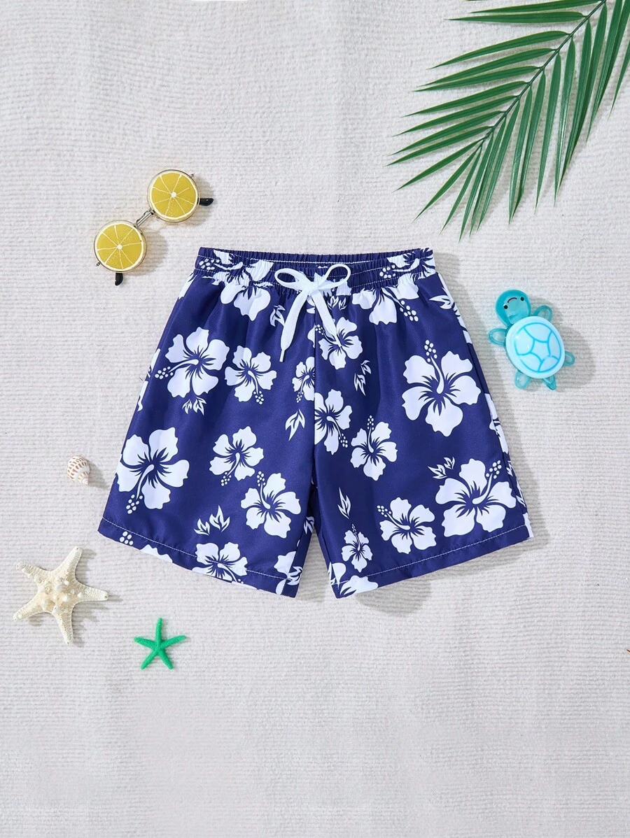 小男孩优雅芙蓉印花抽绳腰沙滩短裤，家庭装妈妈和我（单独出售）