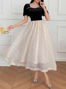 DAZY Vestido de mangas abullonadas con cuello en forma de corazón y diseño de patchwork, para primavera/verano - Negro - Ver 2