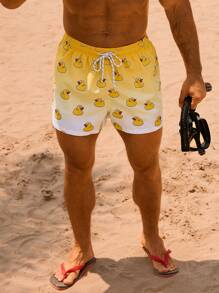 Surfspeed Men's Cartoon Duck Print Drawstring Waist Beach Shorts - Yellow - View 7