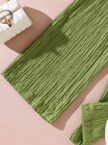 Teen Girls' Summer Casual Solid Color Textured Shirt And Pants Set - Olive Green - View 6