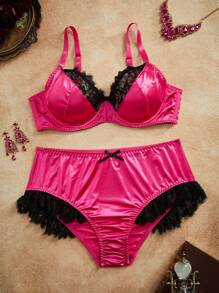 2 件加大码文胸套装，带钢圈、蕾丝睫毛、褶饰、缎面、复古色块、蝴蝶结设计