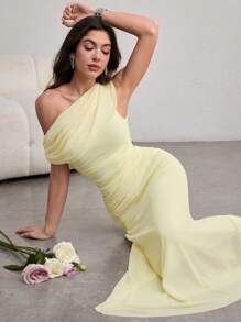 Modelyn Women's Extra Long Asymmetrical Ruched Knitted Slit Shoulder Bodycon Mesh Dress, Elegant & Charming, Light Yellow, Spring/Summer Yellow One Shoulder Ruched Dress - Light Yellow - View 1