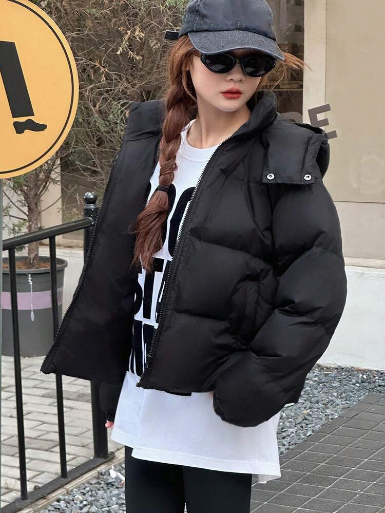 Teen Girl'(Youth) Hooded Solid Color Korean Style Long Sleeve Padded Coat