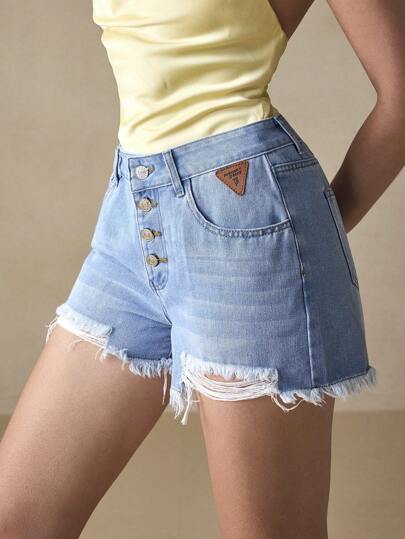 SHEIN 女士时尚简约百搭破洞牛仔短裤