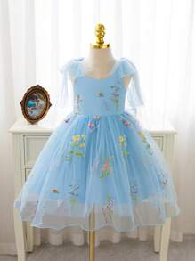 SHEIN Glamorique Kids Váy lưới tuyn thêu nơ cho bé gái, màu xanh lá cây, dành cho lễ Phục sinh, phù dâu, tiệc sinh nhật, đám cưới, ngày lễ, biểu diễn, chụp ảnh, phù hợp với mọi mùa - Màu xanh lam - Xem 4