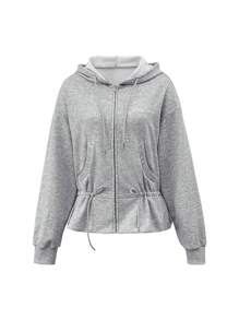 Jouncy 女式字母印花落肩长袖拉链连帽夹克 - 灰色 - 查看 5