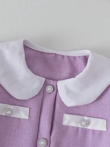 Tween 女童蓝色松紧腰翻领泡泡袖休闲连衣裙，夏季 - 粉色 - 查看 3