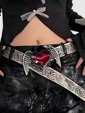 Grunge Punk Punk Vintage Embossed Heart Wings Waist Belt, Y2K Baddie Gothic Style, Versatile