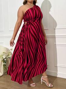 SHEIN Unity 大码不对称肩条纹印花褶皱连衣裙 - 彩色 - 查看 5