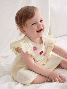 Cozy Pixies Bộ đồ liền thân tay ngắn cổ vuông họa tiết hoa 3D cho bé gái kèm quần short, thoải mái và đa năng - Nhiều màu - Xem 3