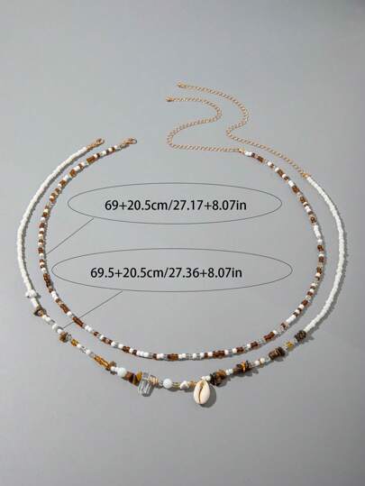 2pcs Set Boho Style Fashion Bead, Resin, Glass Beads, Asymmetrical Shell Shape Pendant Necklace/Waist Chain, Suit For Women Girls Summer Beach Party Holiday Casual, Gift