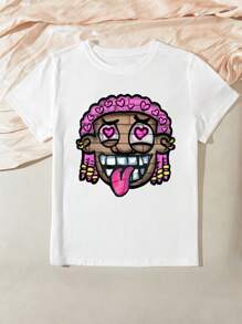 SHEIN EZwear 女式休闲 Y2K 复古奇特卡通印花圆领短袖 T 恤 - 白色 - 查看 3