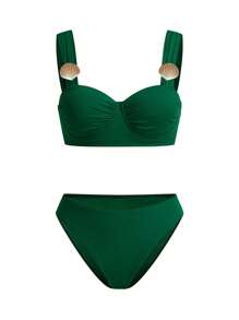 Anewsta Women's Summer Beach Solid Color Ruched Metal Shell Sexy Bikini Set With Cover-Up And Skirt - Green - View 14
