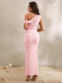 Silquee Women's Solid Black Sexy & Elegant Asymmetric Ruffle Trim Bodycon Dress, Suitable For Beach Vacation, Sisters Party, Street Wear, Spring Break, Pool Party, Europe Holiday, Bikini Cover-Up, Holiday Outfit, Log Cabin Party - Coral Pink - View 2