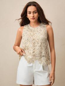 Anewsta Áo yếm ren móc sequin trang trí màu mơ thanh lịch mới cho nữ mùa hè - Màu be - Xem 3