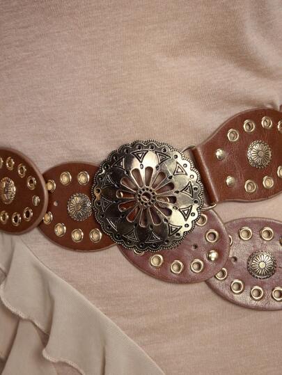 Hippie 1pc Women's Brown Oval Leather Circle Buckle Hollow Floral Decorated Bohemian Western Style Belt, Accessory For Dress, Jeans, Everyday Wear