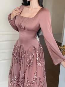 DAZY 春季婚礼宾客着装：优雅方领泡泡袖拼接中长连衣裙，秋季长袖连衣裙，奢华舞会礼服，亮片闪亮连衣裙，碎花连衣裙 - 棕色 - 查看 5
