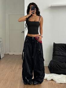 Coolane 女式春夏 Y2K 休闲街头服饰音乐节罗纹针织撞色蕾丝酒红色背心 - 黑色 - 查看 6