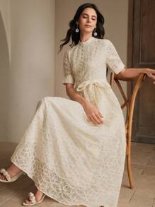 Anewsta Elegant Round Neck Decorative Button Waist Tie Short Sleeve Flared Hem Dress - Apricot - View 4