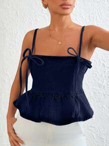 SHEIN Cottnline ملابس علوية كاميسول جينز مصبوغ بالغسيل مع ربطة للنساء، صيفي - أزرق داكن - مشاهدة 5