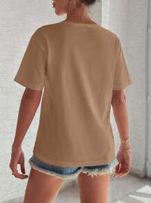 EURMUSE 100%Cotton T-Shirt With Flower Embroidery, Round Collar, Pocket Details - Brown - View 2