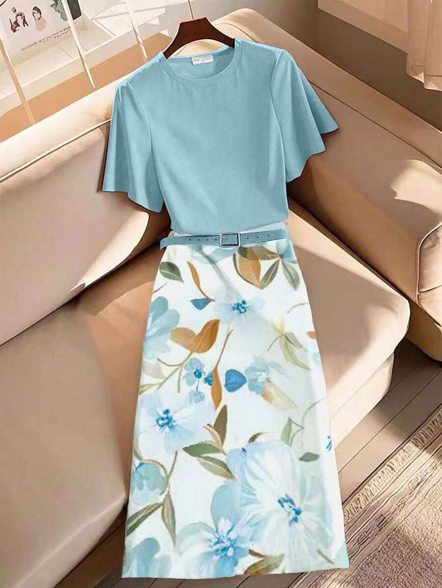 Franclia 2pcs Women Plant Print Ruffle Sleeve Top And A-Line Slim Waist Skirt Set - Blue - View 1