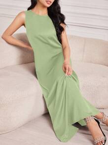 Al Najma 女式简约纯色圆领宽松长款连衣裙，夏季