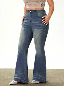Rina Fox Jeans de mezclilla elásticos de mediablanche de estilo callejero para mujer de talla grande - Azul lavado medio - Ver 6