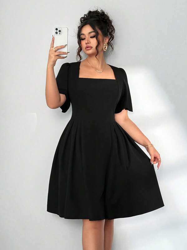 Elenzga Scoop Neck, Short Sleeve, Shell Trim Sleeve Cuff, A-Line Waist, Elegant Plus Size Women Dress, Spring/Summer