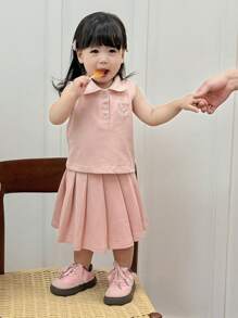 Dazy Kids Toddler Girls' Polo Collar Solid Color Sleeveless Top And Pleated Solid Color Skirt Set - Pink - View 3