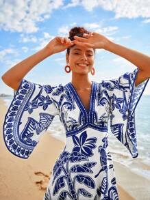 Travachic 复古热带印花V领休闲连衣裙，夏季 - 藍色 - 查看 3