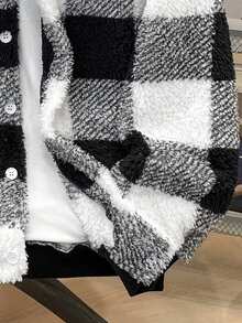 Tween Boys Casual Plaid Fleece Hooded Jacket, Open Front Loose Thick Outerwear For Autumn/Winter, Boys Teddy Jacket, Boys Plaid Jacket, Kids Black And White Hoodie Fall - Black - View 6