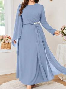 Modelyn Plus Size Women Elegant Rhinestone Embellished Slim Waist Round Neck Party Dress Fall Cloth For Women