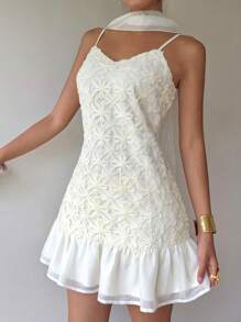 Siren Gaze 夏季新款女士优雅刺绣迷你连衣裙 - 杏色 - 查看 4