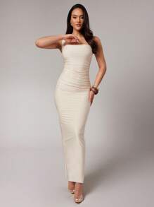 Women's Elegant Simple Solid Color Square Neck Pleated Slim Long Dress, Summer - Apricot - View 4
