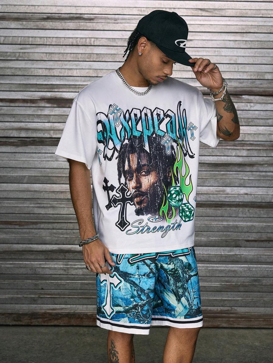 Axepeak 休闲街头服饰，肖像图案 T 恤和松紧腰短裤，男士两件套 - 青碧色 - 查看 1