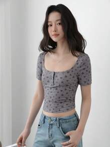 K-Vae Women's Summer Gray Floral Casual T-Shirt, Floral Print T-Shirt, Round Neck Tight Elastic Short Sleeve Cropped T-Shirt - Grey - View 6