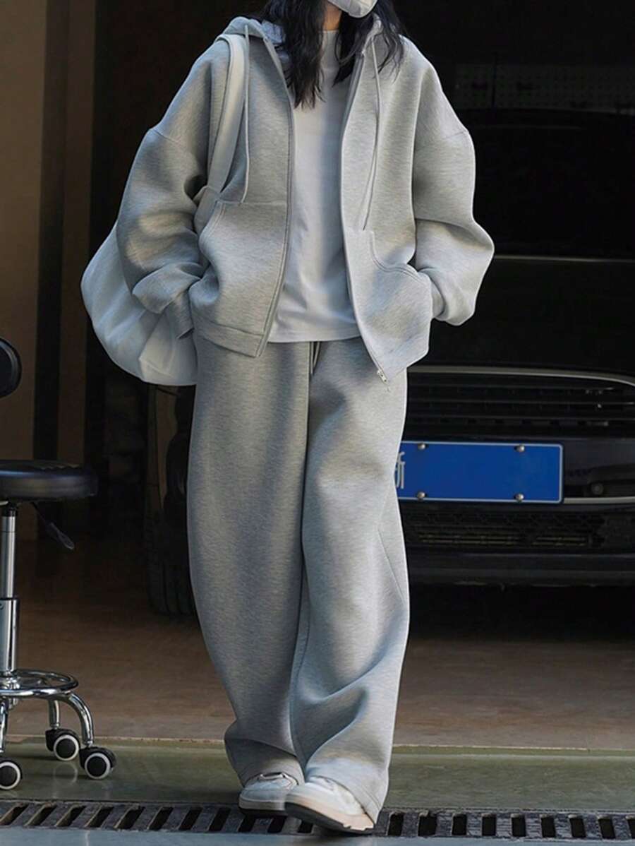 INAWLY 2pcs Women Casual Solid Color Drawstring Hoodie Sweatshirt And Sweatpants Set, Autumn/Winter - Grey - View 1