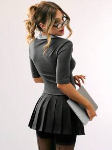 Avenya 女式蕾丝装饰修身短袖T恤 - 深灰色 - 查看 2